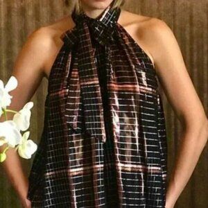 NWT Apiece Apart Lurex Shimmer Plaid Medina Tie Neck Sleeveless Swing Tank Top 0